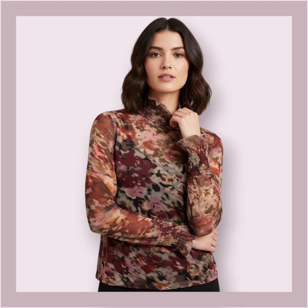 Andy P by Adyson Parker Smocked Neck Mesh Long Sleeve Blouse